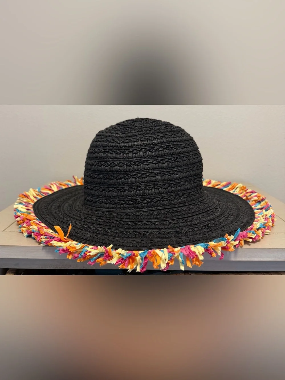 Wide Brim Rainbow Fringe Beach Floppy Betsey Johnson Black Straw Sun Hat OS